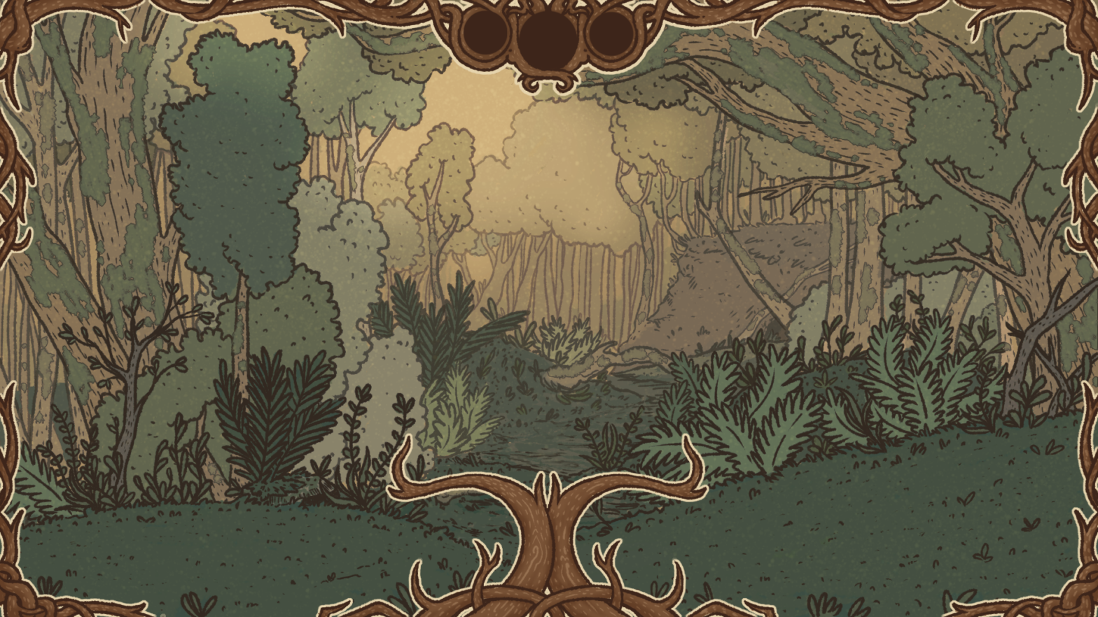 A hand-drawn forest of deep green foliage and a foggy misty atmosphere, framed by the branches of the video game user interface for Leshi: Short Tales. Artwork by Tia Friedel